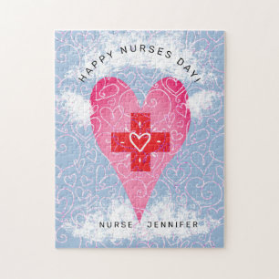 Happy Nurses Day Pink Heart with Wings Personalize Jigsaw Puzzle