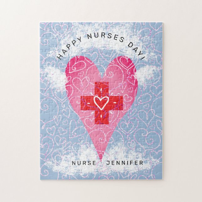Happy Nurses Day Pink Heart with Wings Personalize Jigsaw Puzzle (Vertical)