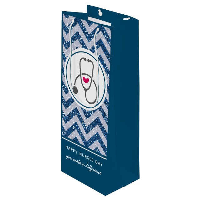 Happy Nurses Day Stethoscope on Blue Chevron Wine Gift Bag (Front Angled)