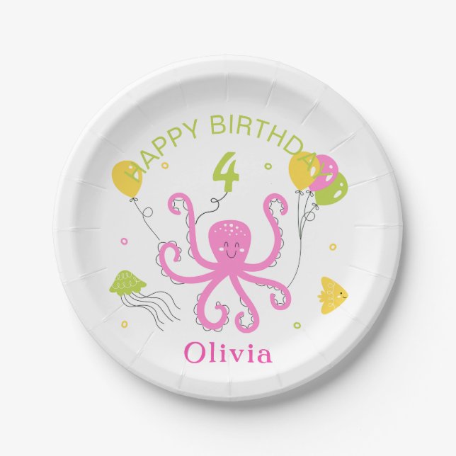 Happy Octopus Birthday Paper Plate (Front)