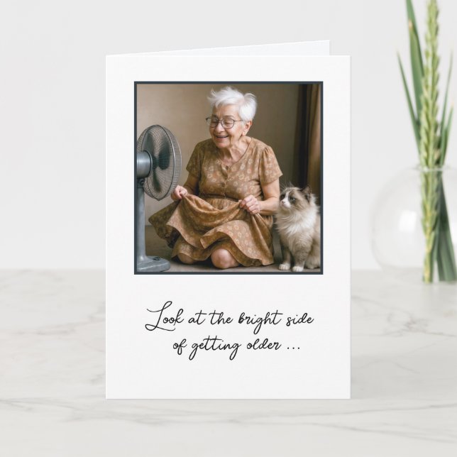 Happy Old Lady Cooling Off By a Fan Card (Front)