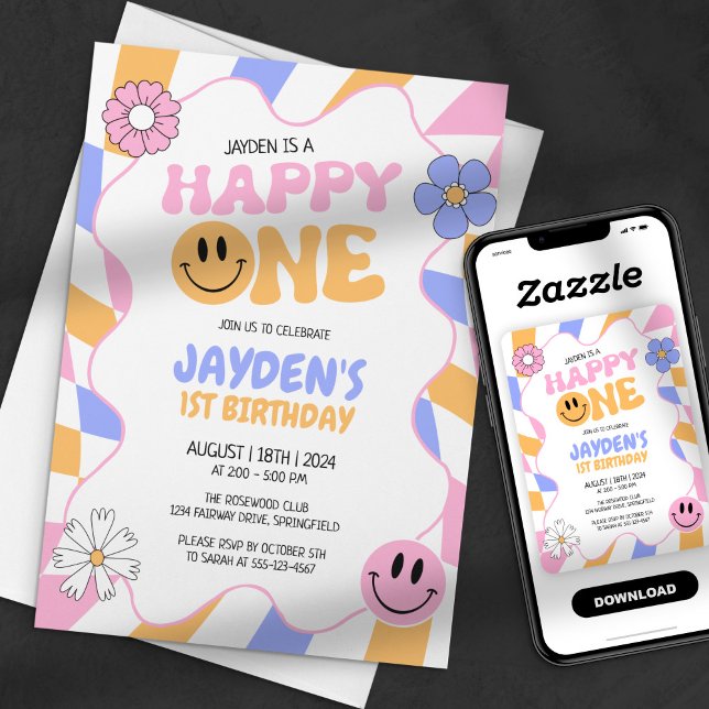 Happy One Y2k Retro Groovy Smile Face Birthday Invitation (Creator Uploaded)