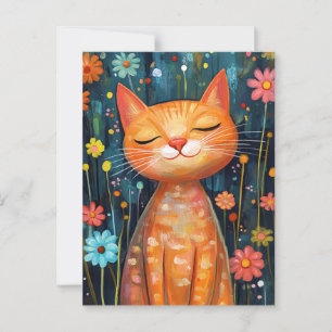 Happy Orange Cat Whimsical Flowers Postcard