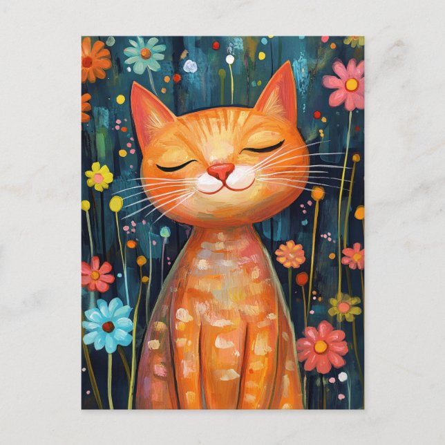 Happy Orange Cat Whimsical Flowers Postcard (Front)