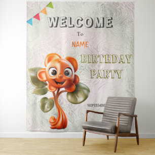 Happy Orange Flower Birthday Party Backdrop Tapestry