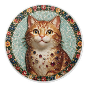Happy Orange Tabby Cat Floral Mosaic  Ceramic Knob