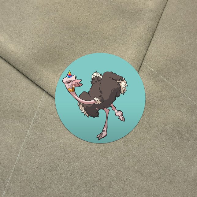 Happy Ostrich Dancing in Party Hat Cartoon Classic Round Sticker (Creator Uploaded)