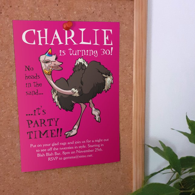 Happy Ostrich Dancing in Party Hat Cartoon Invitation (Creator Uploaded)