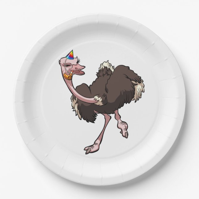 Happy Ostrich Dancing in Party Hat Cartoon Paper Plate (Front)