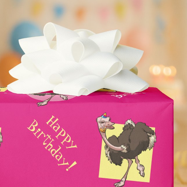 Happy Ostrich Dancing in Party Hat Cartoon Wrapping Paper (Creator Uploaded)
