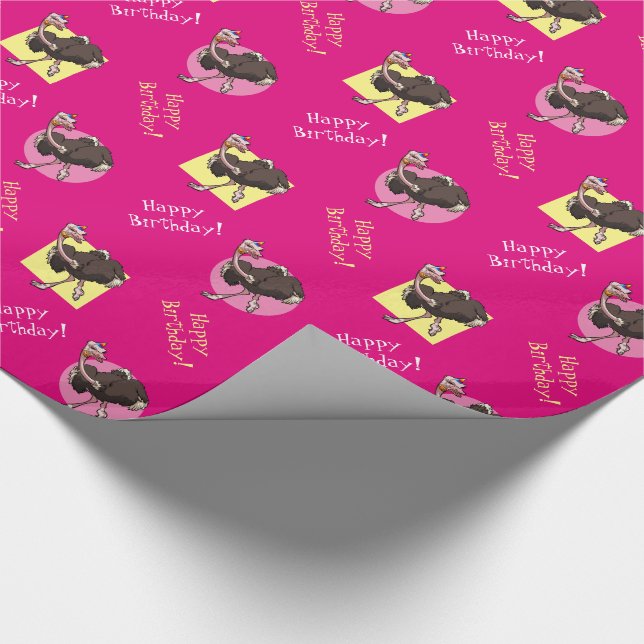 Happy Ostrich Dancing in Party Hat Cartoon Wrapping Paper (Corner)