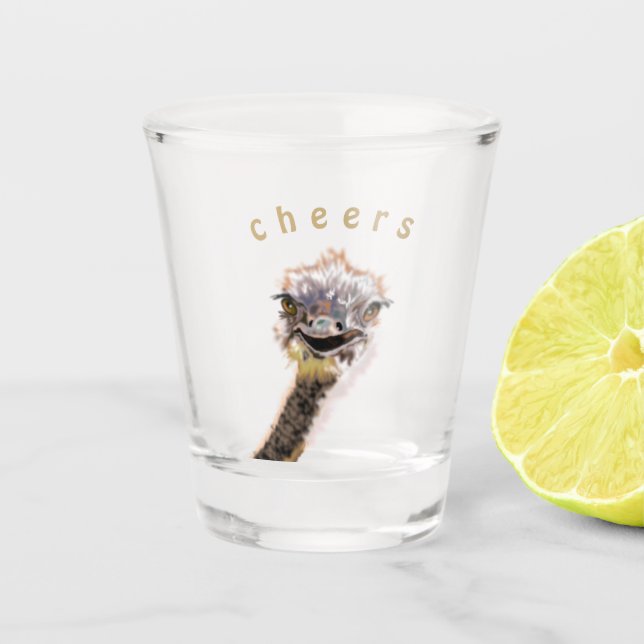 Happy Ostrich Funny Shot Glass Cheers Text (Front)