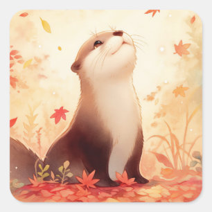 Happy Otter Looking Up at Falling Maple Leaves Square Sticker