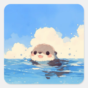 Happy Otter Swimming in Sparkling Water Square Sticker
