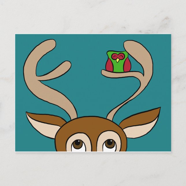 Happy Owl Finds Home with Reindeer Postcard (Front)