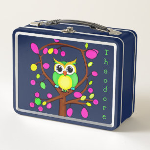 Happy owl in a multicolored tree metal lunch box