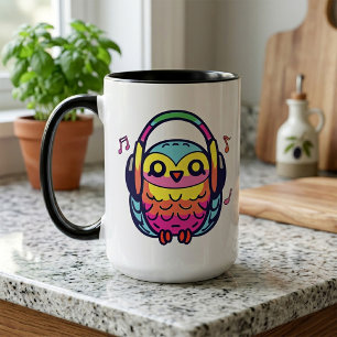 Happy Owl with headphones listening to music. Mug
