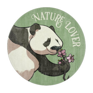Happy Panda Smelling Blossom Nature Lover Cartoon Cutting Board