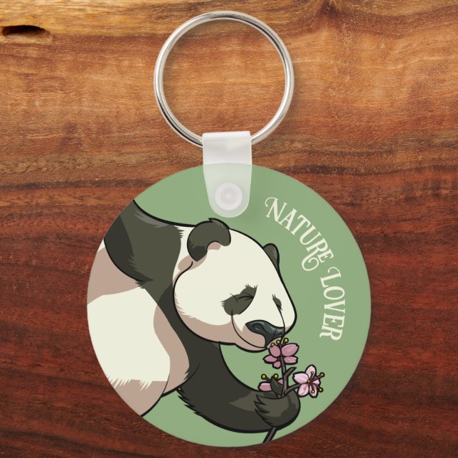 Happy Panda Smelling Blossom Nature Lover Cartoon Keychain (Front)