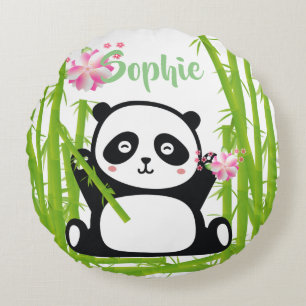 Happy Panda with Bamboo & Cherry Blossom   Round Pillow
