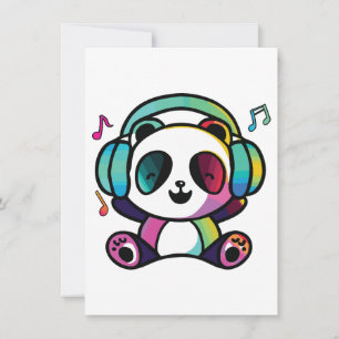 Happy Panda with headphones listening to music.  Card