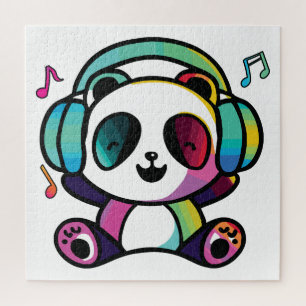 Happy Panda with headphones listening to music. Jigsaw Puzzle