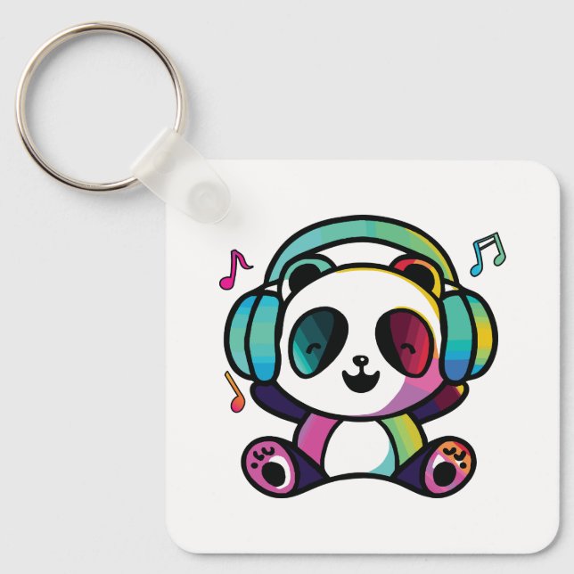Happy Panda with headphones listening to music.  Keychain (Front)