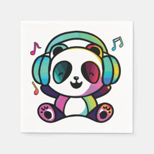Happy Panda with headphones listening to music. Napkin