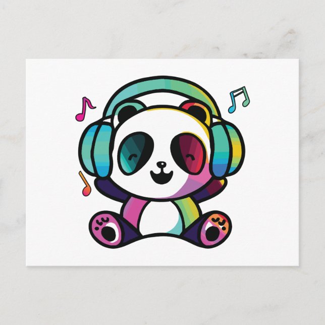 Happy Panda with headphones listening to music.  Postcard (Front)