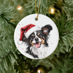 Happy Papillon Dog Christmas Personalized Ceramic Ornament