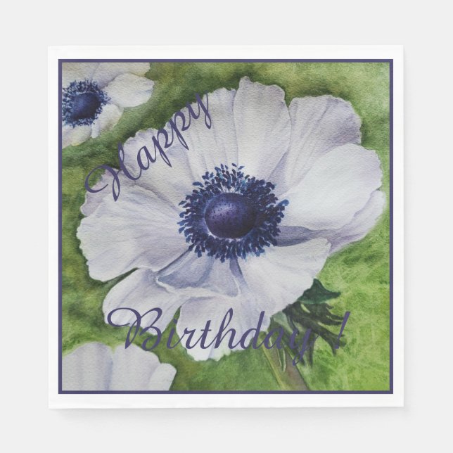 Happy Party Celebration White Anemone Flowers Napkin (Front)