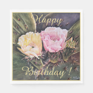 Happy Party Celebration Yellow Pink Cactus Flowers Napkin