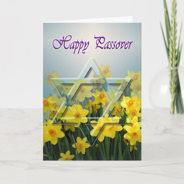 Happy Passover card with Star of David, daffodils (Front)