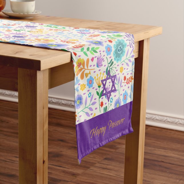 Happy Passover Field of Flowers and purple star Short Table Runner (In Situ)
