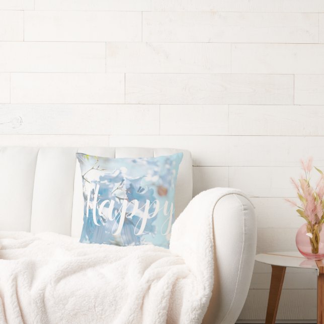 Happy Pastel Light Blue Flowers Tree Throw Pillow (Couch)