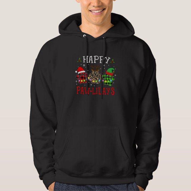 Happy Paw lidays Christmas Dog Paws Buffalo Plaid  Hoodie (Front)