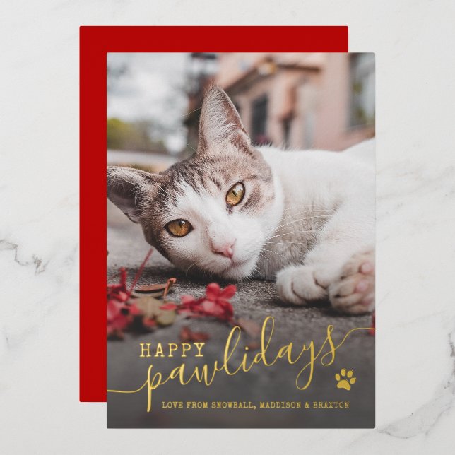 Happy Pawlidays Cat Photo Pet Red Christmas Real Foil Holiday Card (Front/Back)