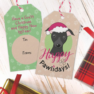 Happy pawlidays Christmas Cartoon black iggy dog Gift Tags