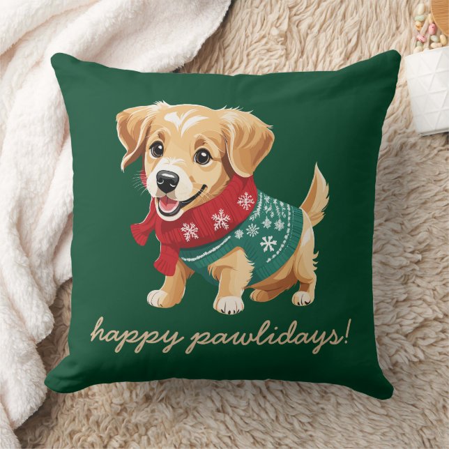 Happy Pawlidays | Christmas Sweater Goldie Puppy Throw Pillow (Blanket)