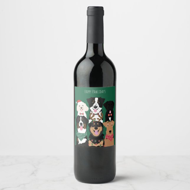 Happy Pawlidays Cute Christmas Dogs Wine Label (Front)