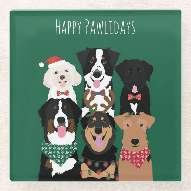 Happy Pawlidays Cute Christmas Glass Coaster (Front)