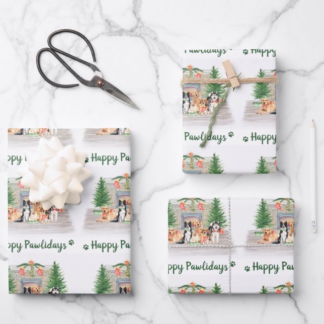 Happy Pawlidays Cute Dogs Dog Lover Christmas Wrapping Paper Sheet (Front)