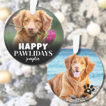 Happy Pawlidays Cute Puppy Dog Christmas Ornament<br><div class="desc">Personalized "Happy PAWlidays" Dog Photo Ornament. Add some holiday cheer and humour to your decor with this playful dog ornament, perfect for showcasing your pup’s mischievous side. The front features the festive text "Happy PAWlidays" as a fun twist on the traditional Happy Holidays greeting, along with your dog’s name, capturing...</div>
