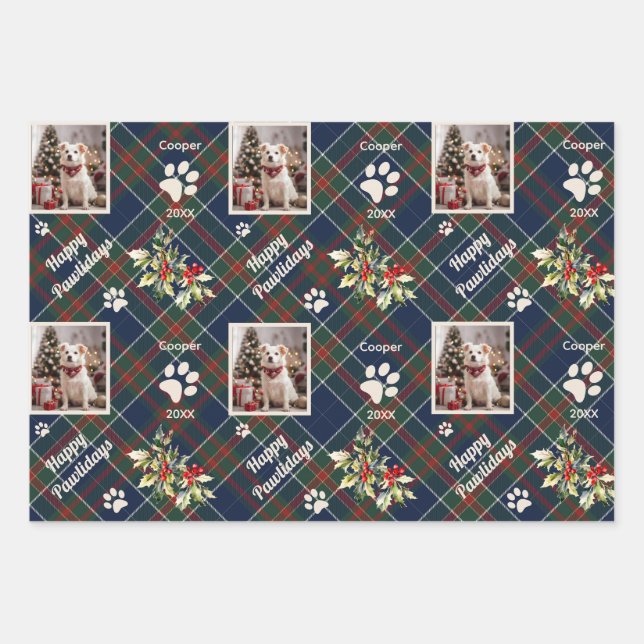 Happy Pawlidays Dog Blue Plaid Christmas Wrapping Paper Sheet (Front)