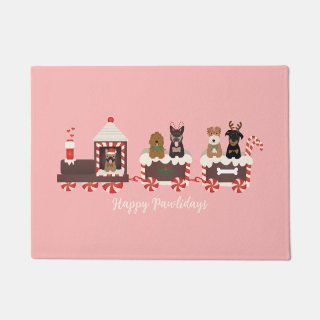 Happy Pawlidays Dog Christmas Holiday Train Doormat (Front)