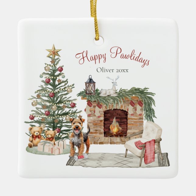 Happy Pawlidays Dog Design- Airedale Ceramic Ornament (Front)