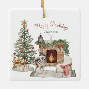 Happy Pawlidays Dog Design- Alaskan Malamute Ceramic Ornament