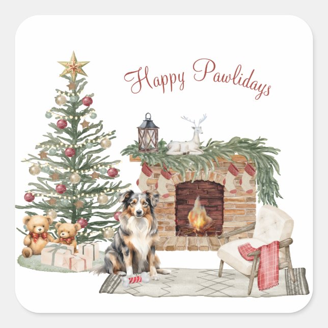 Happy Pawlidays Dog Design- Australian Shepherd Square Sticker (Front)