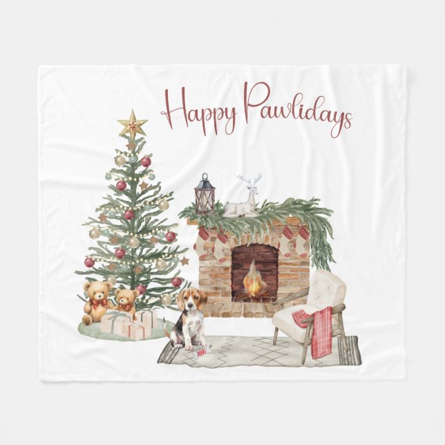Happy Pawlidays Dog Design- Beagle Fleece Blanket (Front (Horizontal))