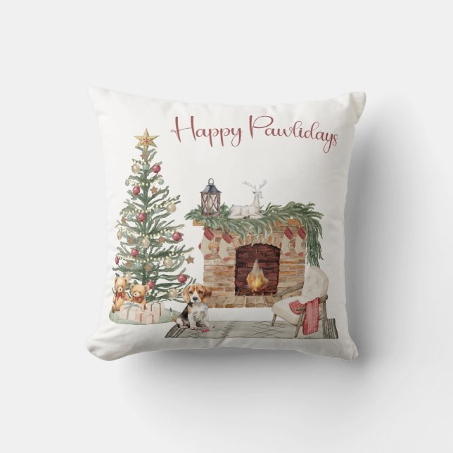 Happy Pawlidays Dog Design- Beagle Throw Pillow (Front)